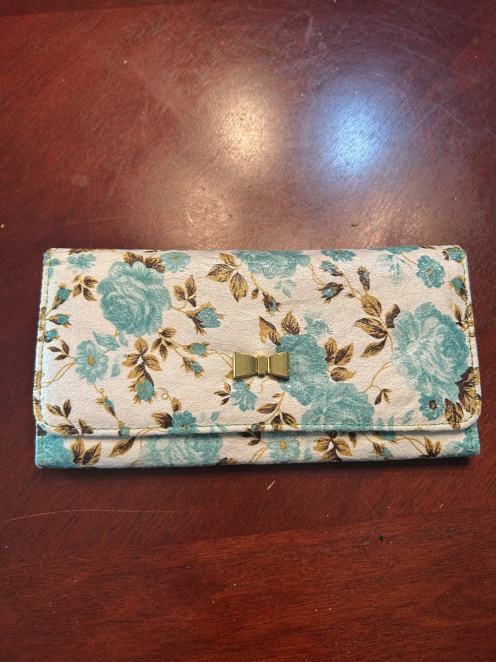 Floral Bow Accent Wallet in Teal and Gold